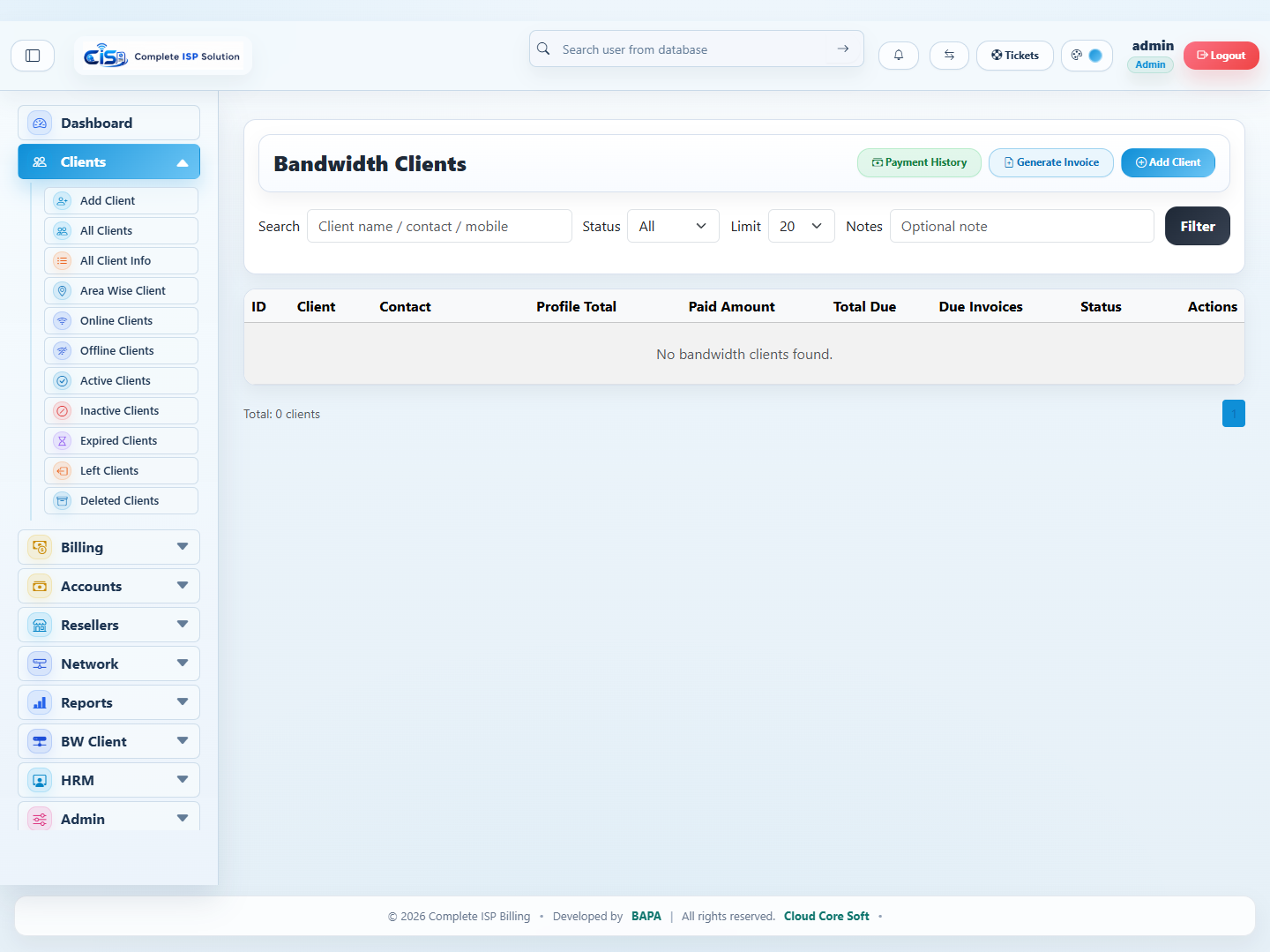 Bandwidth client module screenshot